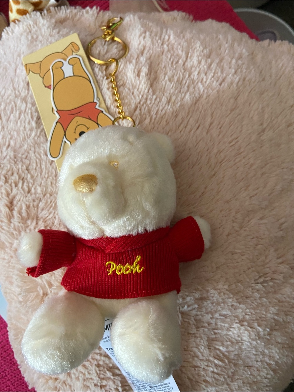 Disney Cream Winnie the Pooh Plush Keychain with Red Sweater - Picture 2 of 3